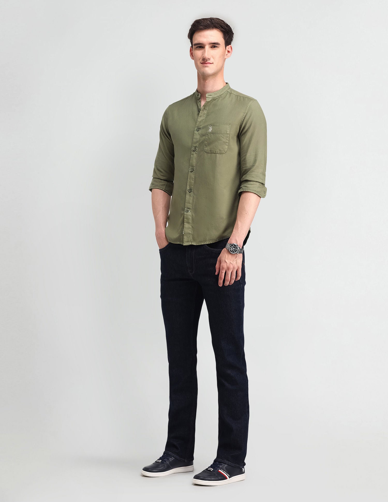 Mandarin Collar Slim Fit Shirt Green - U.S. Polo Assn. India | Large
