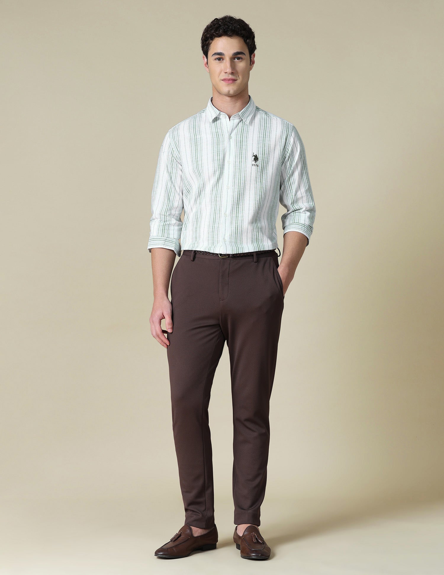 Vertical Striped Regular Fit Shirt Light Green - U.S. Polo Assn. India | Large