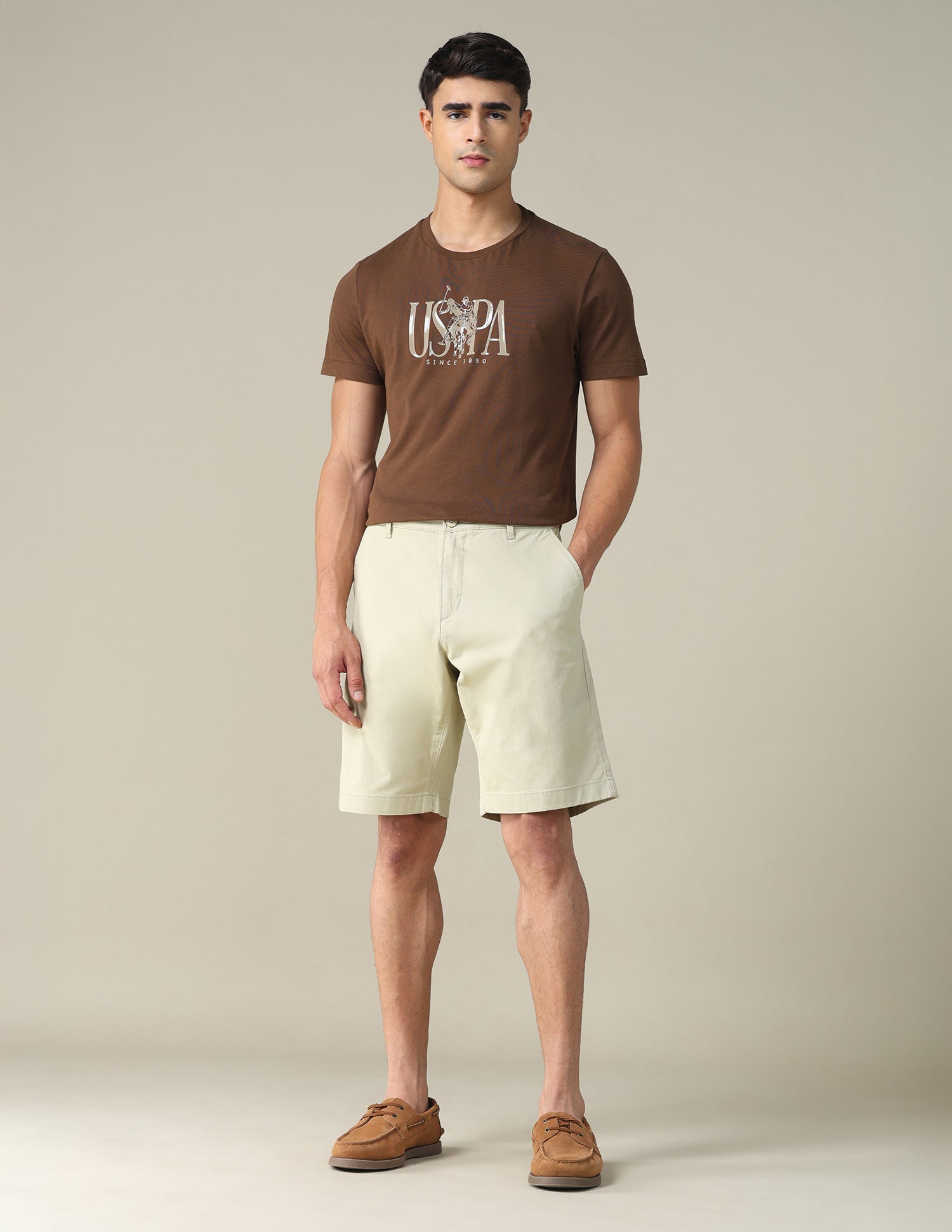 Solid Slim Fit Shorts Beige - U.S. POLO ASSN. | Large