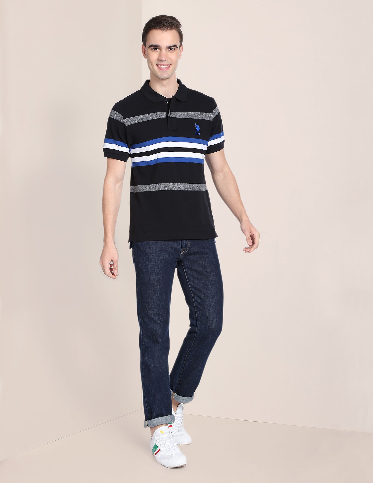 Horizontal Stripe Cotton Polo Shirt Black - U.S. Polo Assn. India | Large