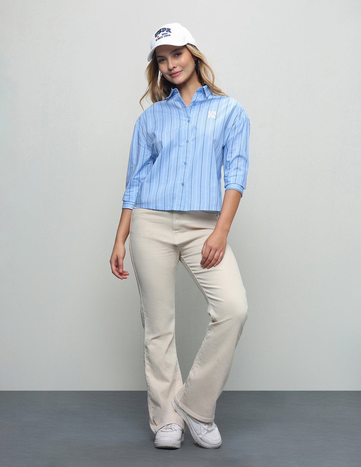 Vertical Striped Cropped Shirt Light Blue - U.S. Polo Assn. India | Large