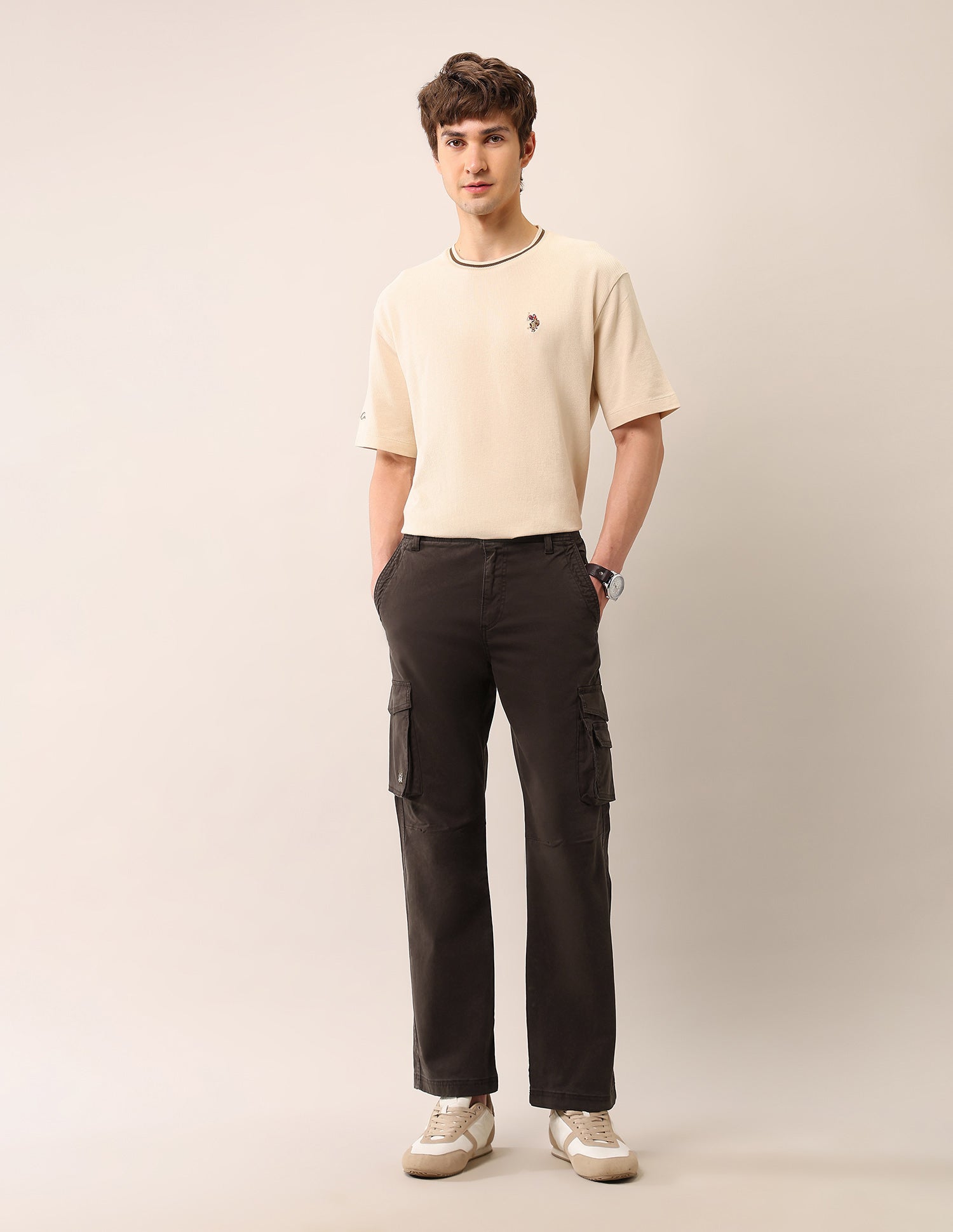 Solid Straight Fit Twill Cargos Brown - U.S. Polo Assn. India | Large