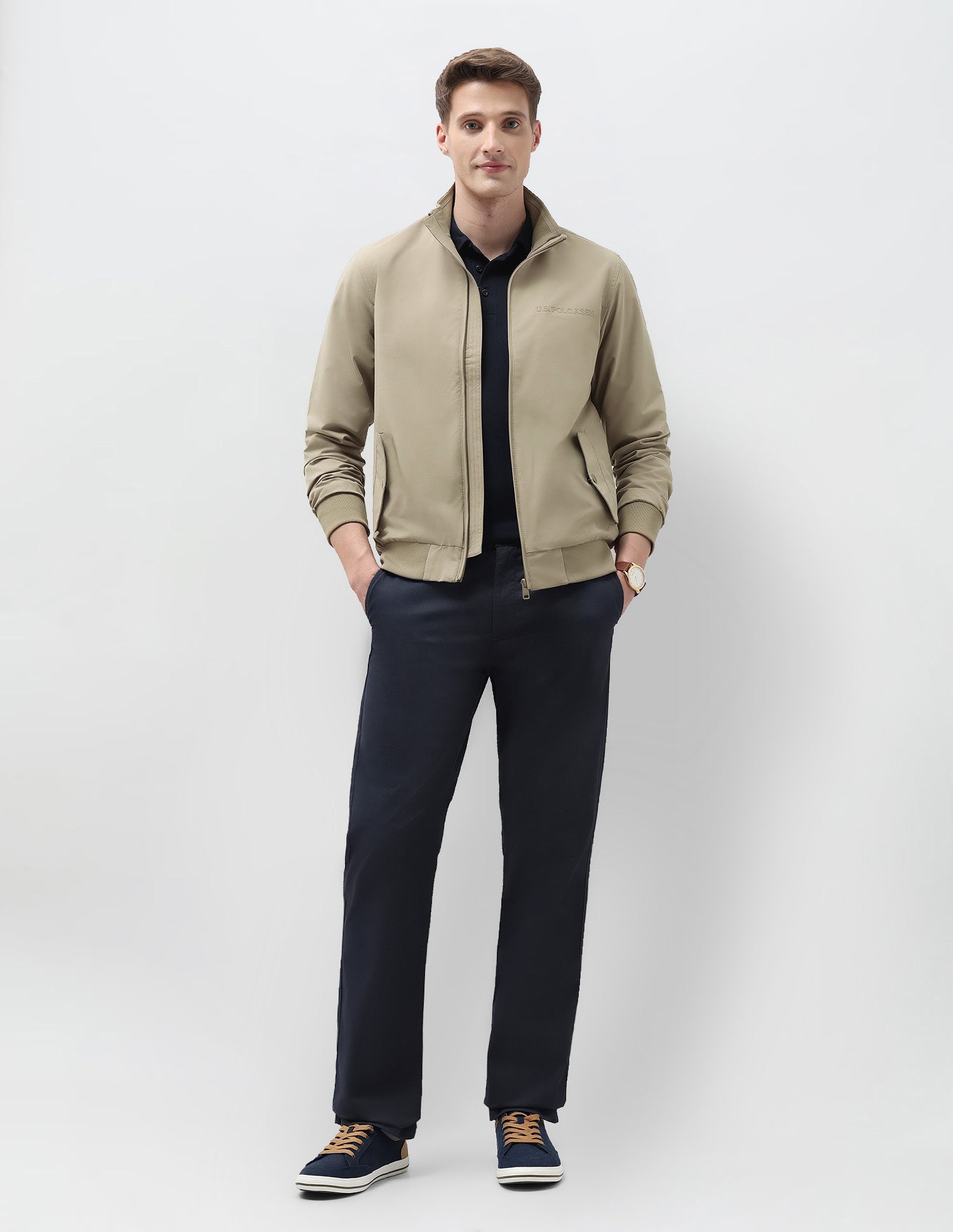 Regular Fit Solid Casual Jacket Khaki - U.S. Polo Assn. India | Large