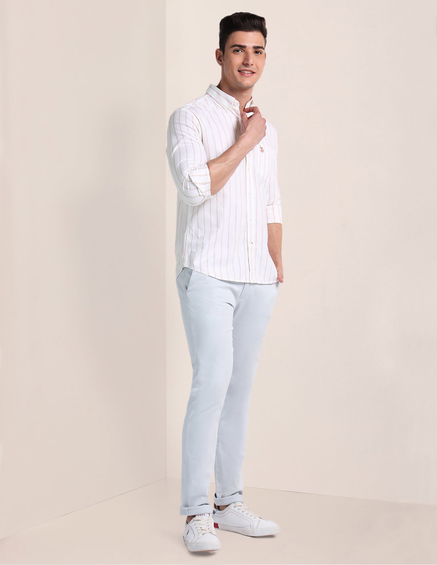 Vertical Stripe Cotton Stretch Shirt Ivory - U.S. Polo Assn. India | Large