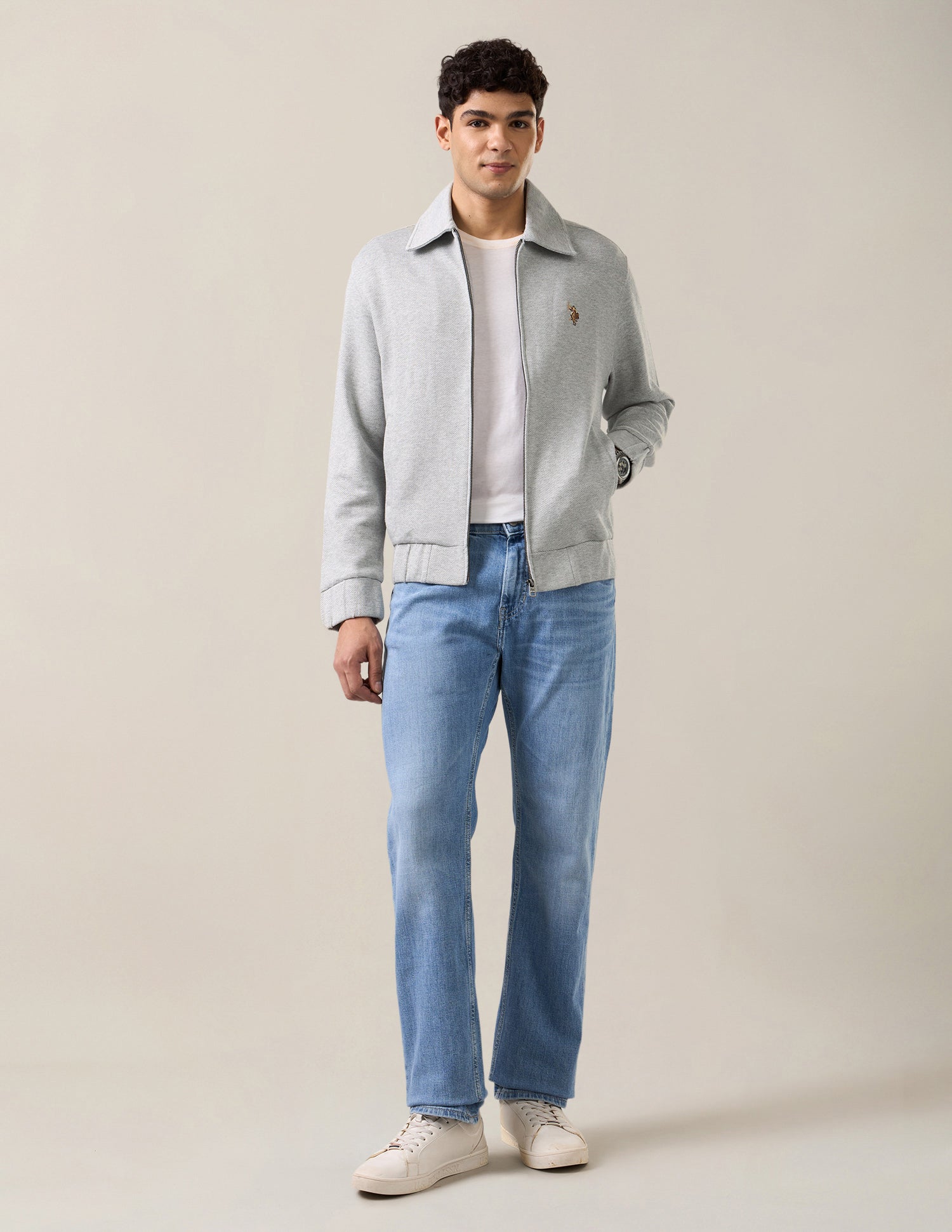 Heathered Regular Fit Zipper Sweatshirt Grey Melang - U.S. Polo Assn. India | Large