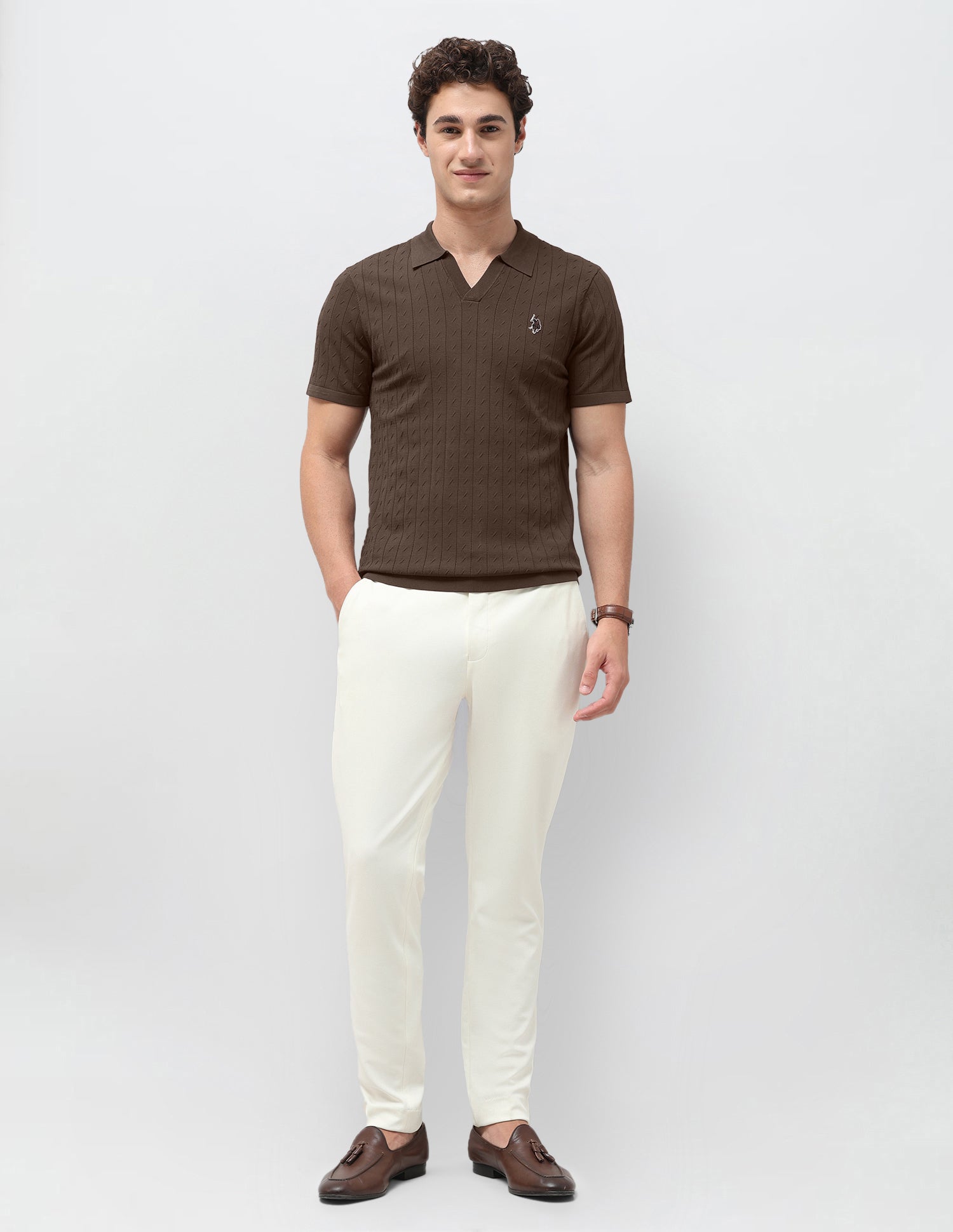 Self Design Vertical Striped Slim Fit Polo Shirt Brown - U.S. Polo Assn. India | Large