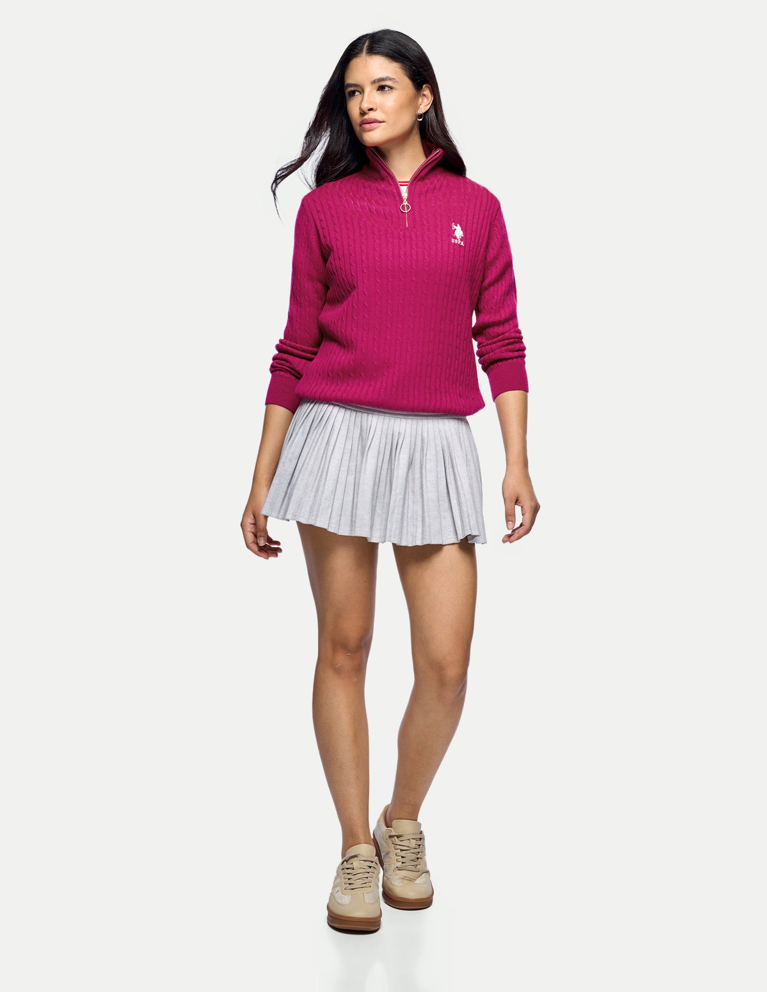 Cable Patterned Knit Regular Fit Sweater Pink - U.S. Polo Assn. India | Large