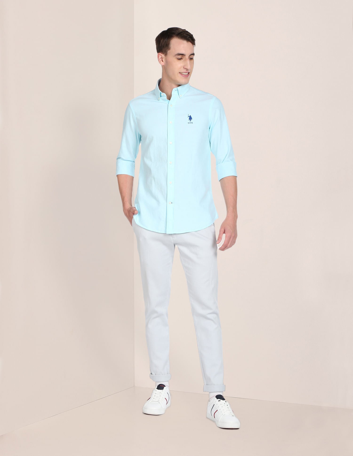 Men Aqua Solid Twill Weave Casual Shirt Aqua - U.S. POLO ASSN. | Large