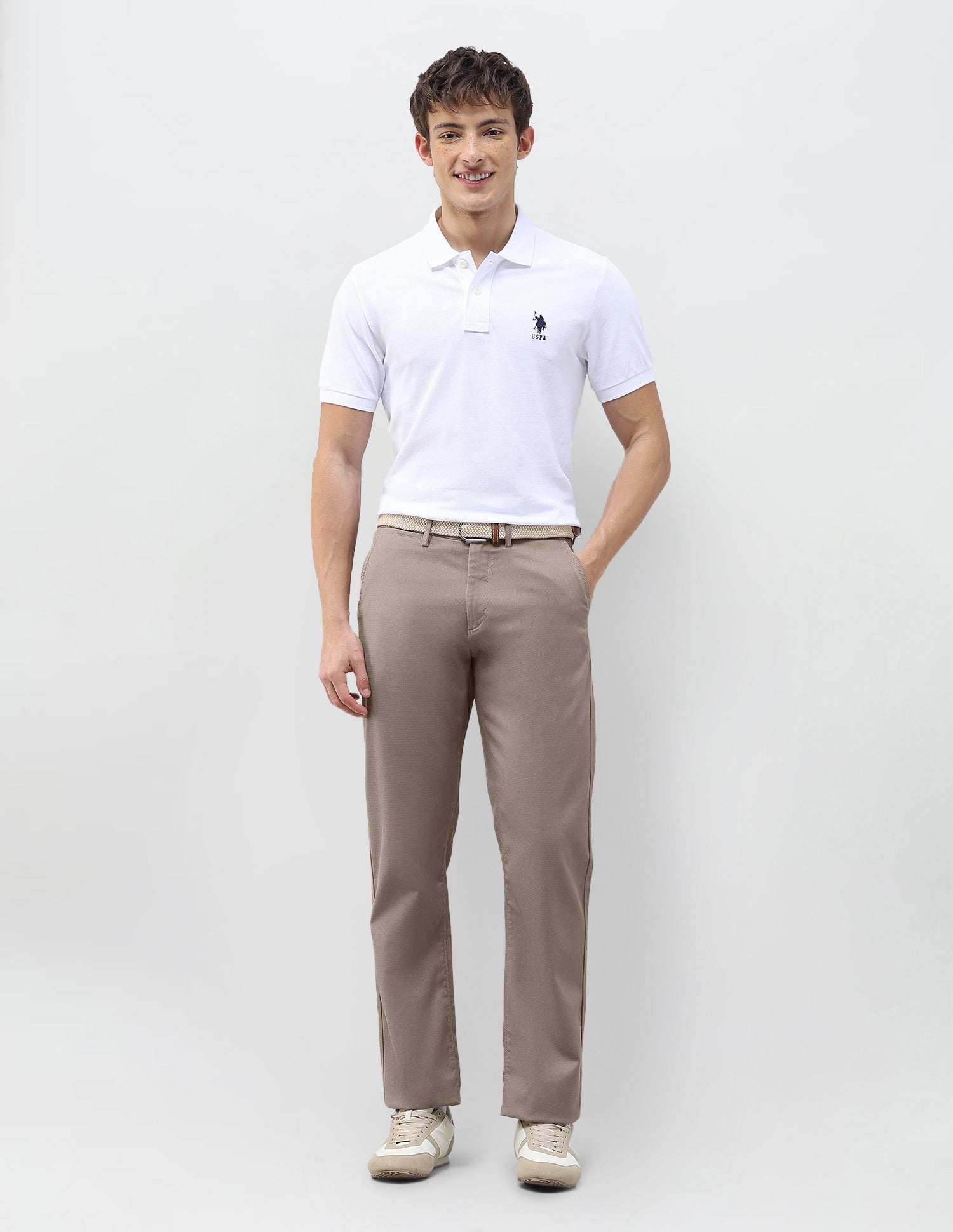 Riley Straight Fit Dobby Trousers Taupe Brown - U.S. Polo Assn. India | Large