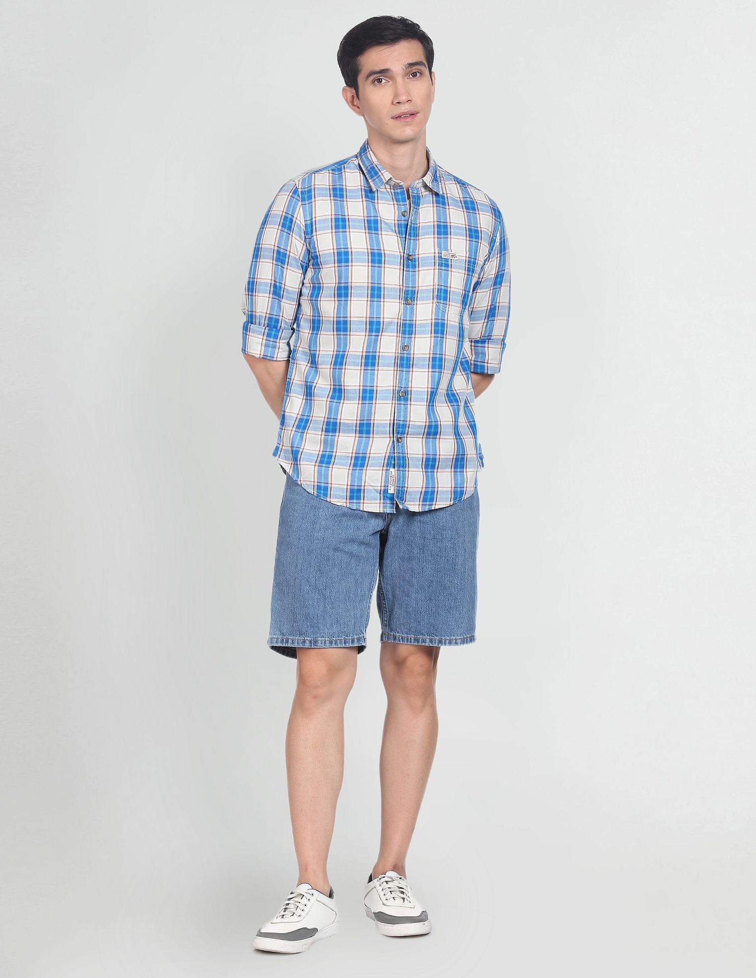 Men Beige And Blue Twill Weave Plaid Check Casual Shirt Beige and Blue - U.S. POLO ASSN. | Large