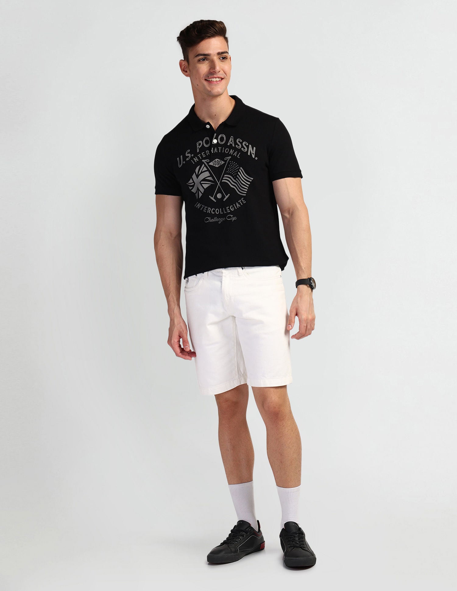 Brand Print Muscle Fit Polo Shirt Black - U.S. Polo Assn. India | Large