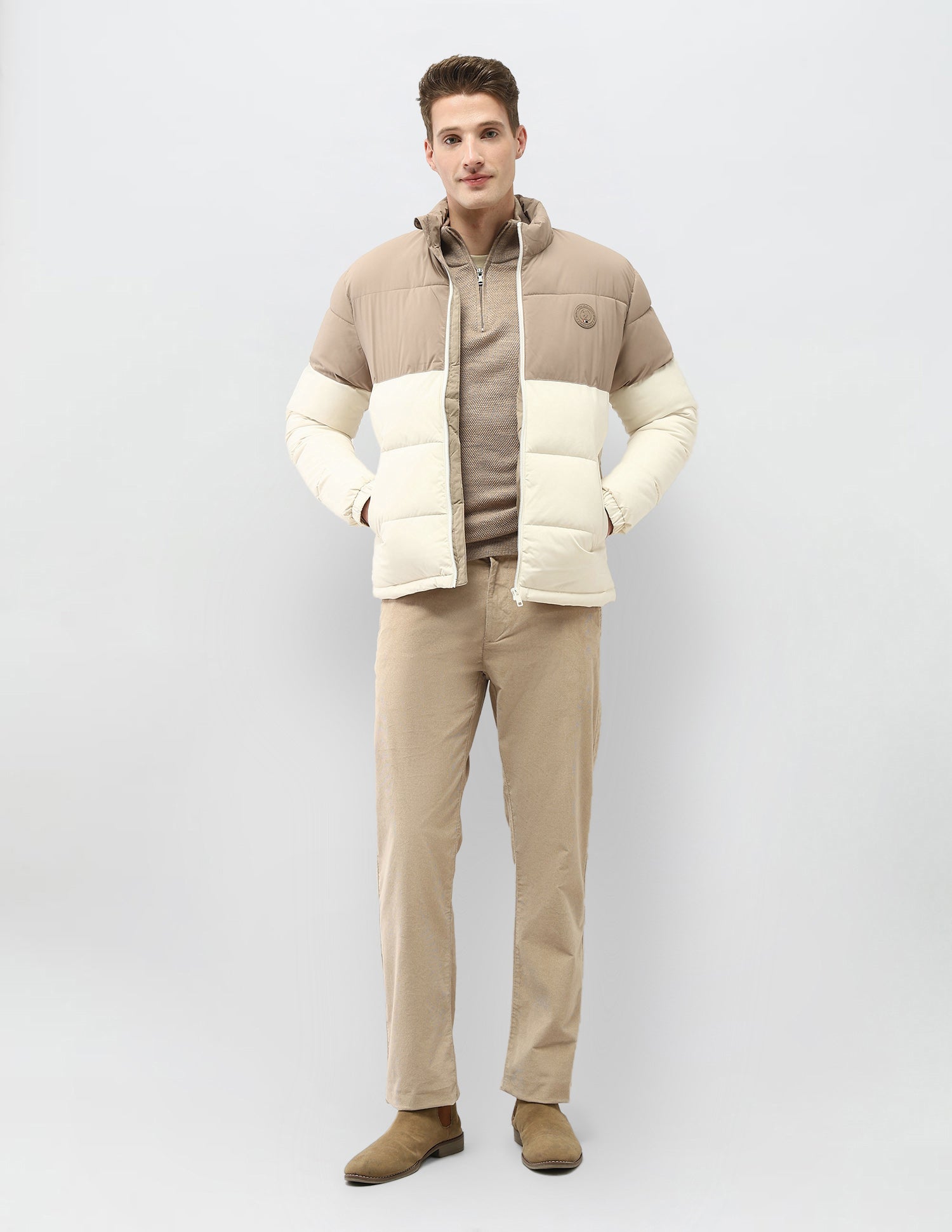 Colour Blocked Regular Fit Puffer Jacket Beige - U.S. Polo Assn. India | Large