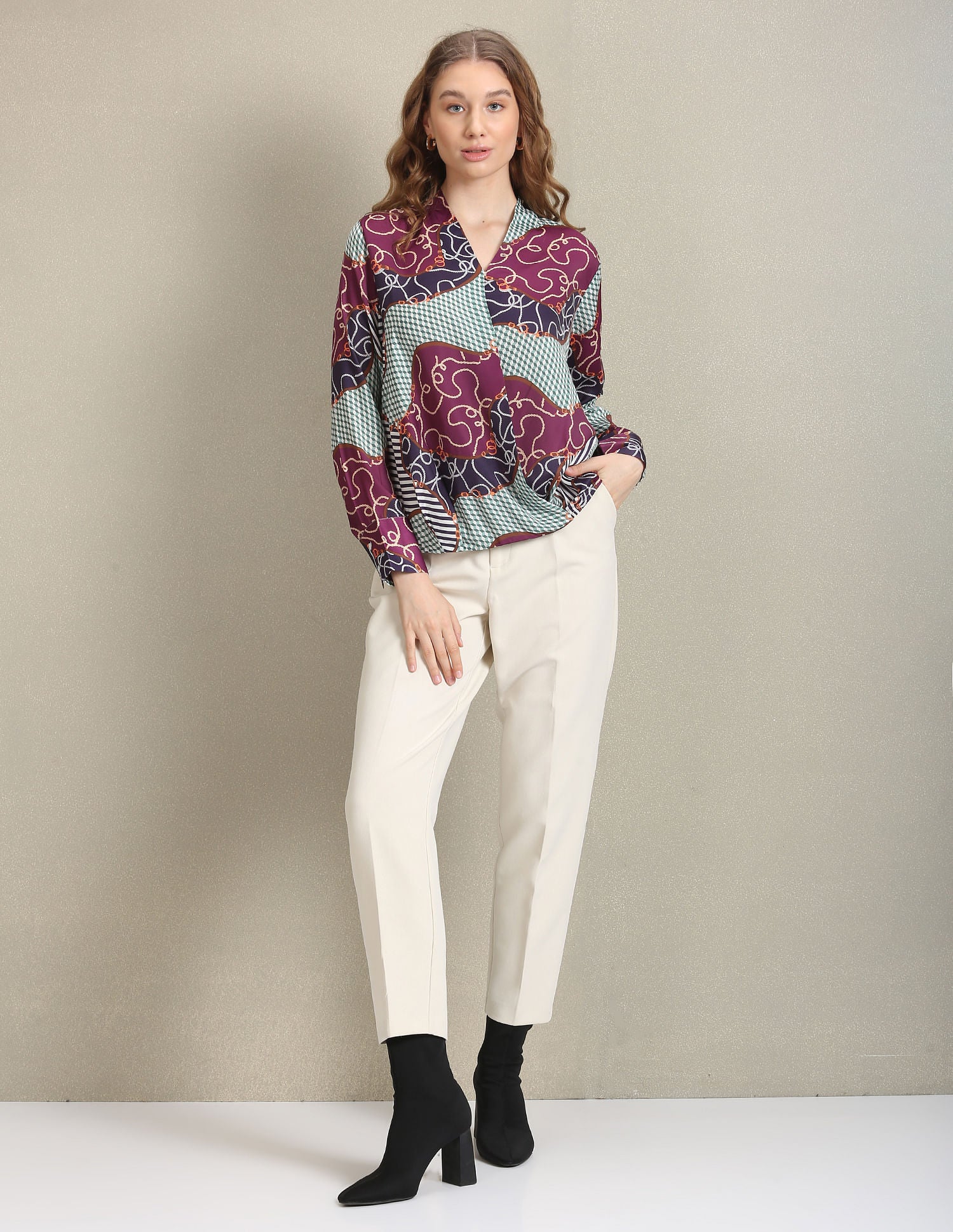 Surplice Neck Graphic Print Top Green, Purple and Navy - U.S. Polo Assn. India | Large