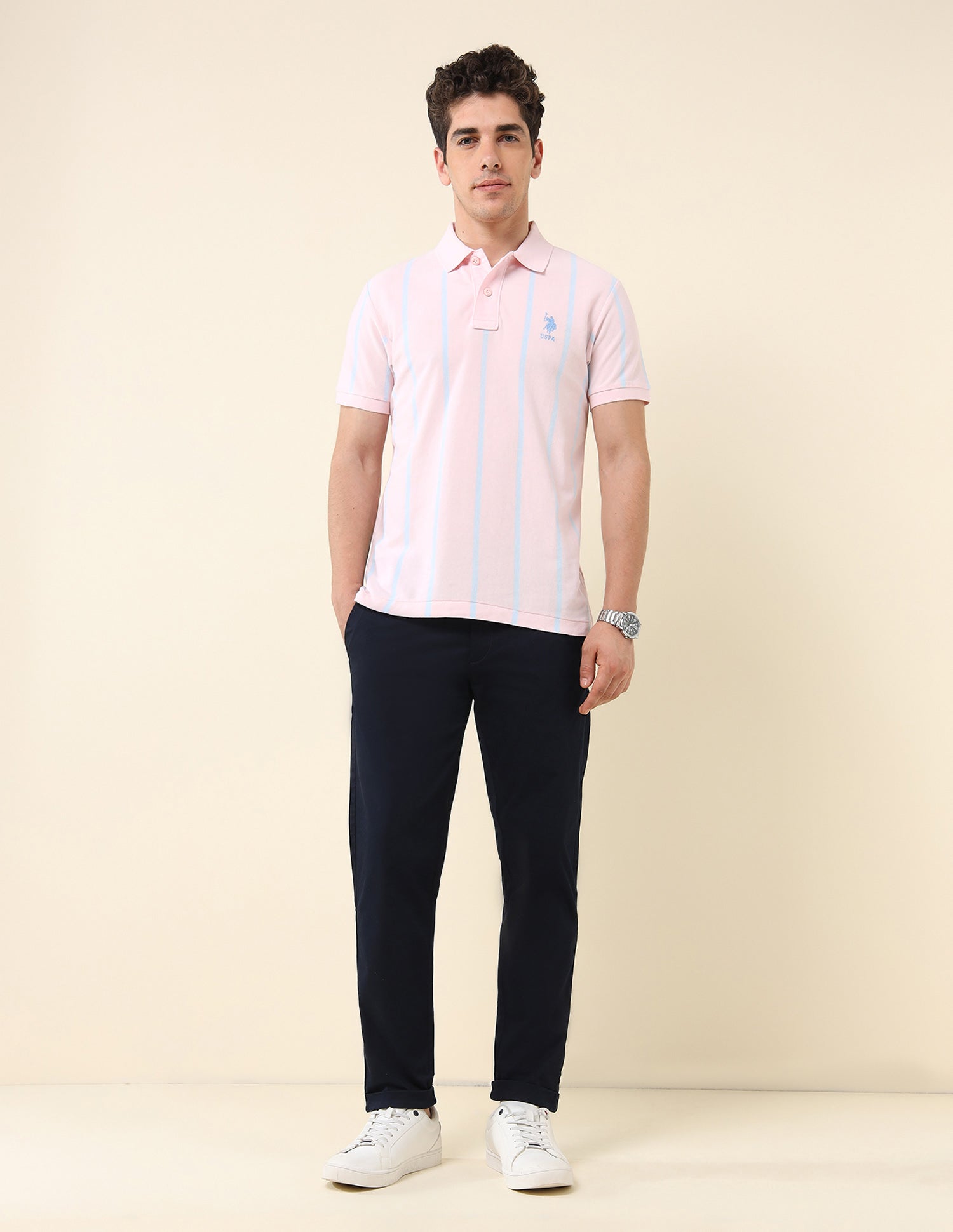 Vertical Striped Pure Cotton Polo Shirt Light Pink - U.S. Polo Assn. India | Large
