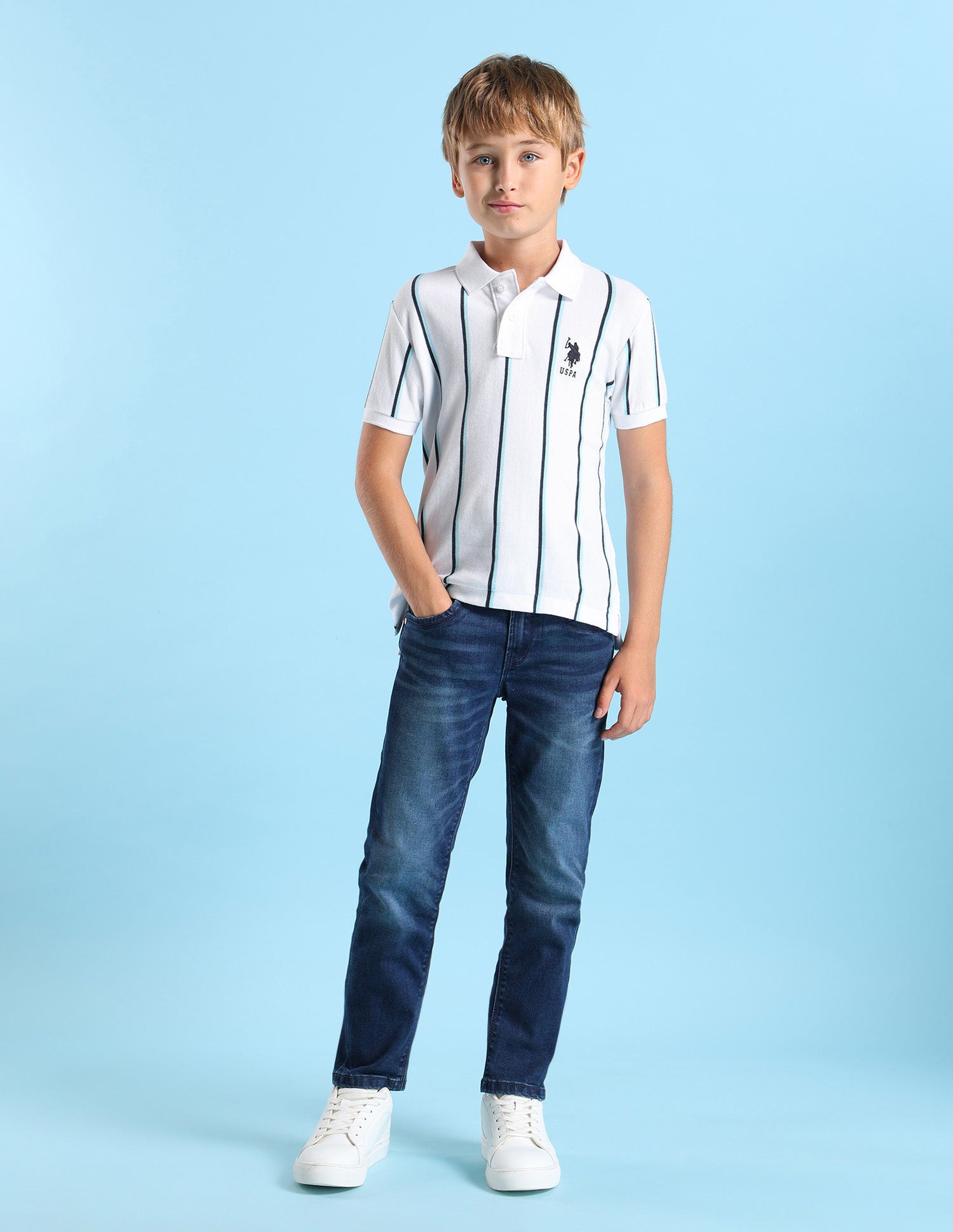 Boys Vertical Striped Regular Fit Polo Shirt White - U.S. POLO ASSN. | Large
