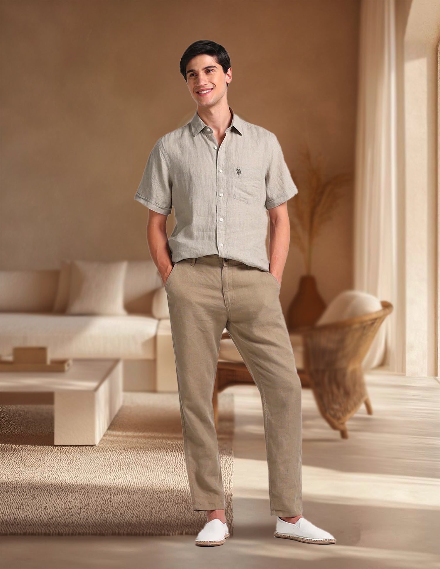 Tailored Fit Linen Shirt Beige - U.S. POLO ASSN. | Large