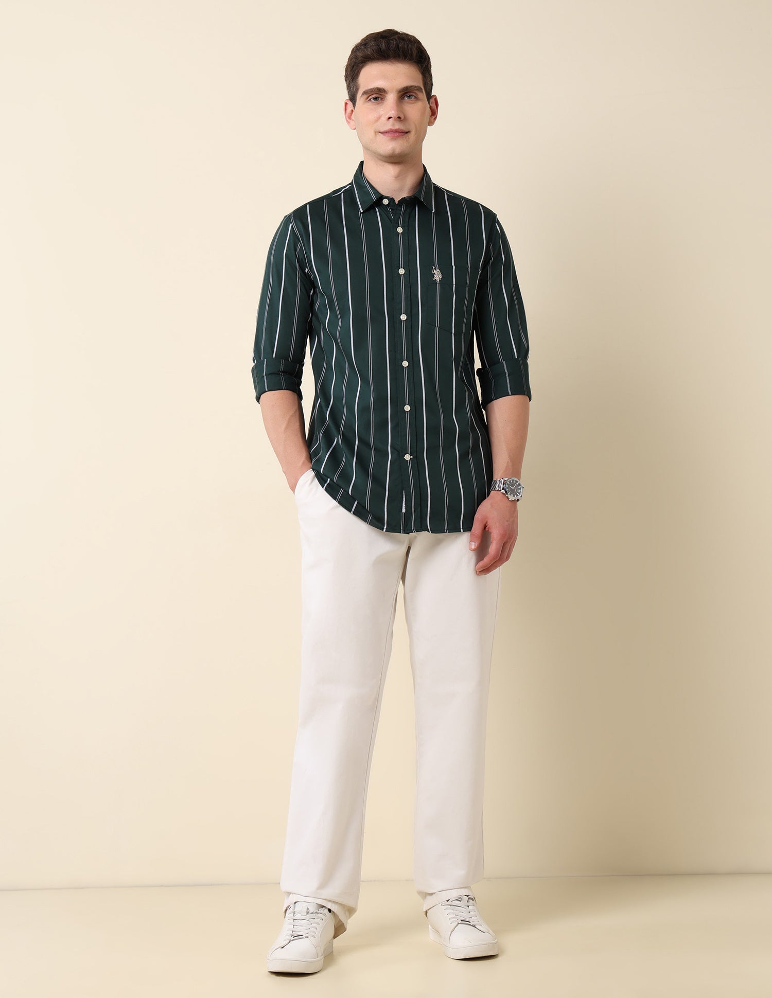 Vertical Striped Pure Cotton Shirt Dark Green - U.S. Polo Assn. India | Large