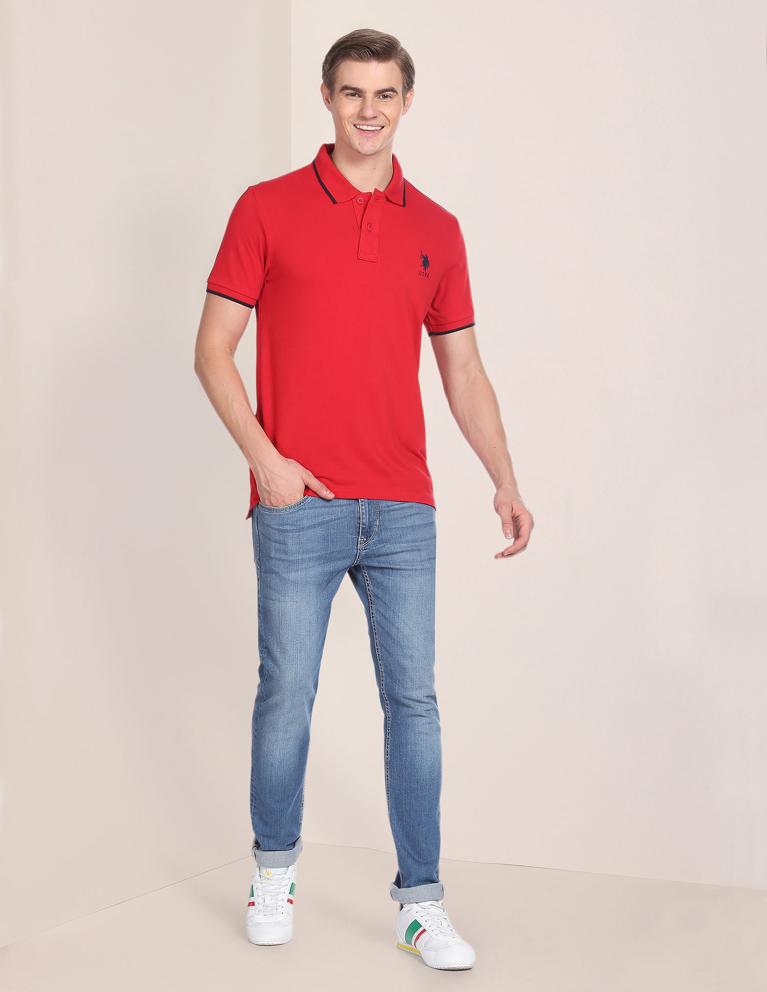 Tipped Collar Slim Fit Polo Shirt Red - U.S. Polo Assn. India | Large