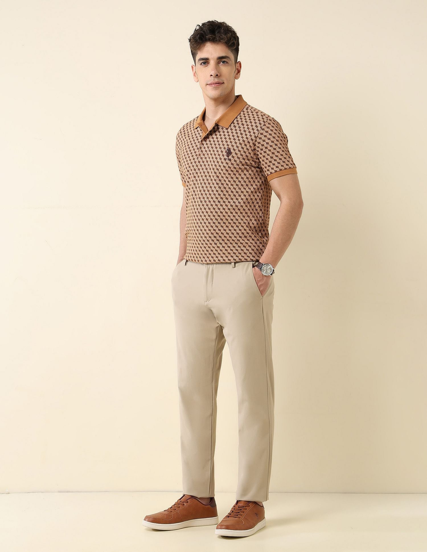 All-Over Printed Slim Fit Polo Shirt Brown - U.S. Polo Assn. India | Large