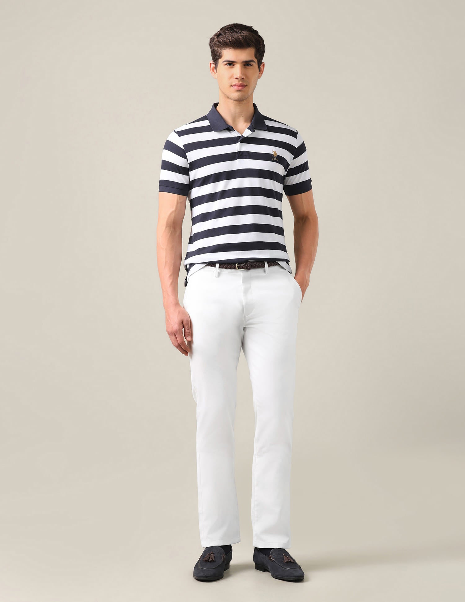Riley Straight Fit Dobby Trousers White - U.S. Polo Assn. India | Large