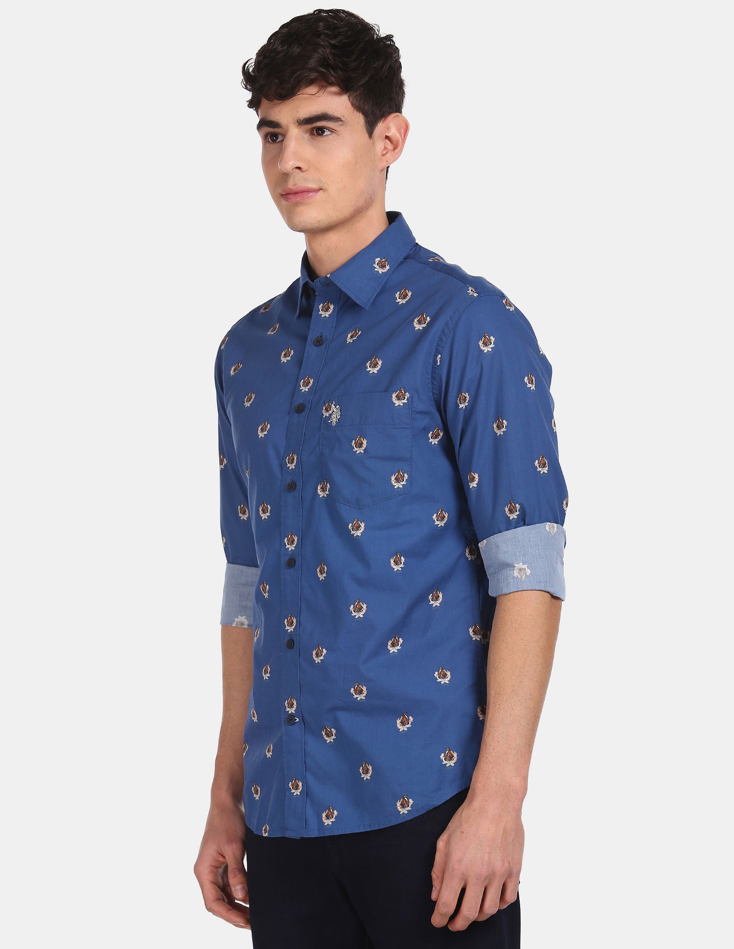 Men Navy Spread Collar Printed Casual Shirt Navy - U.S. POLO ASSN. | Large