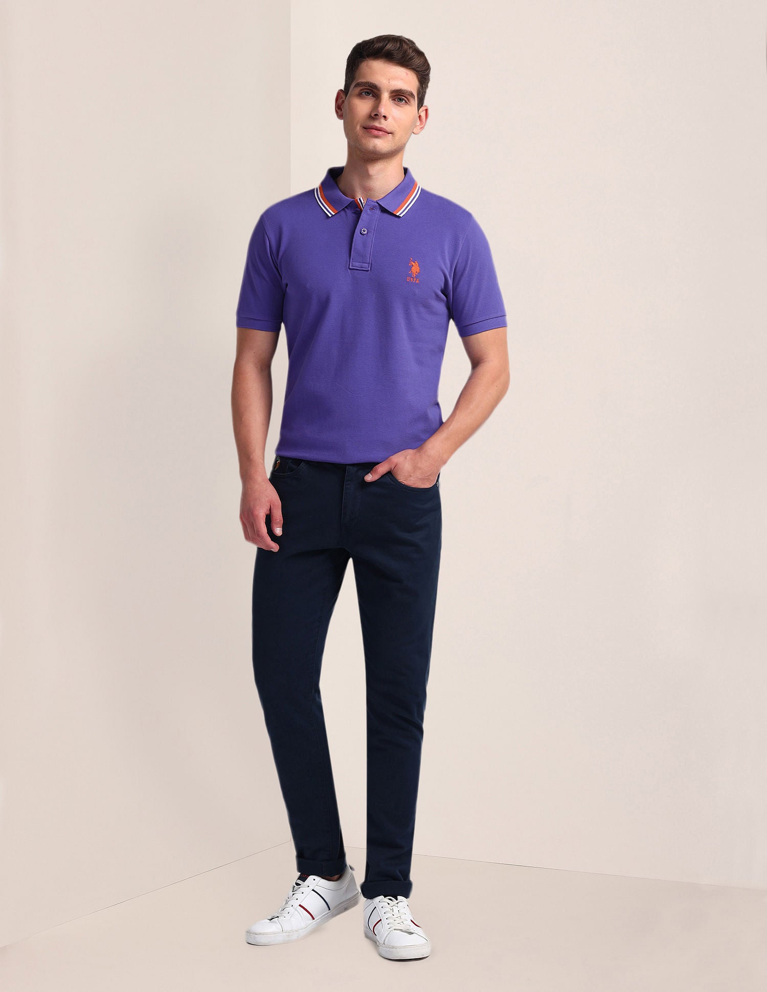 Tipped Collar Slim Polo Shirt Purple - U.S. Polo Assn. India | Large