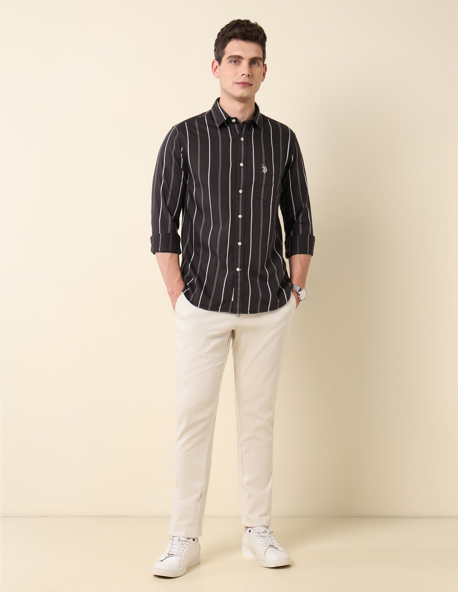 Vertical Striped Pure Cotton Shirt Brown - U.S. Polo Assn. India | Large