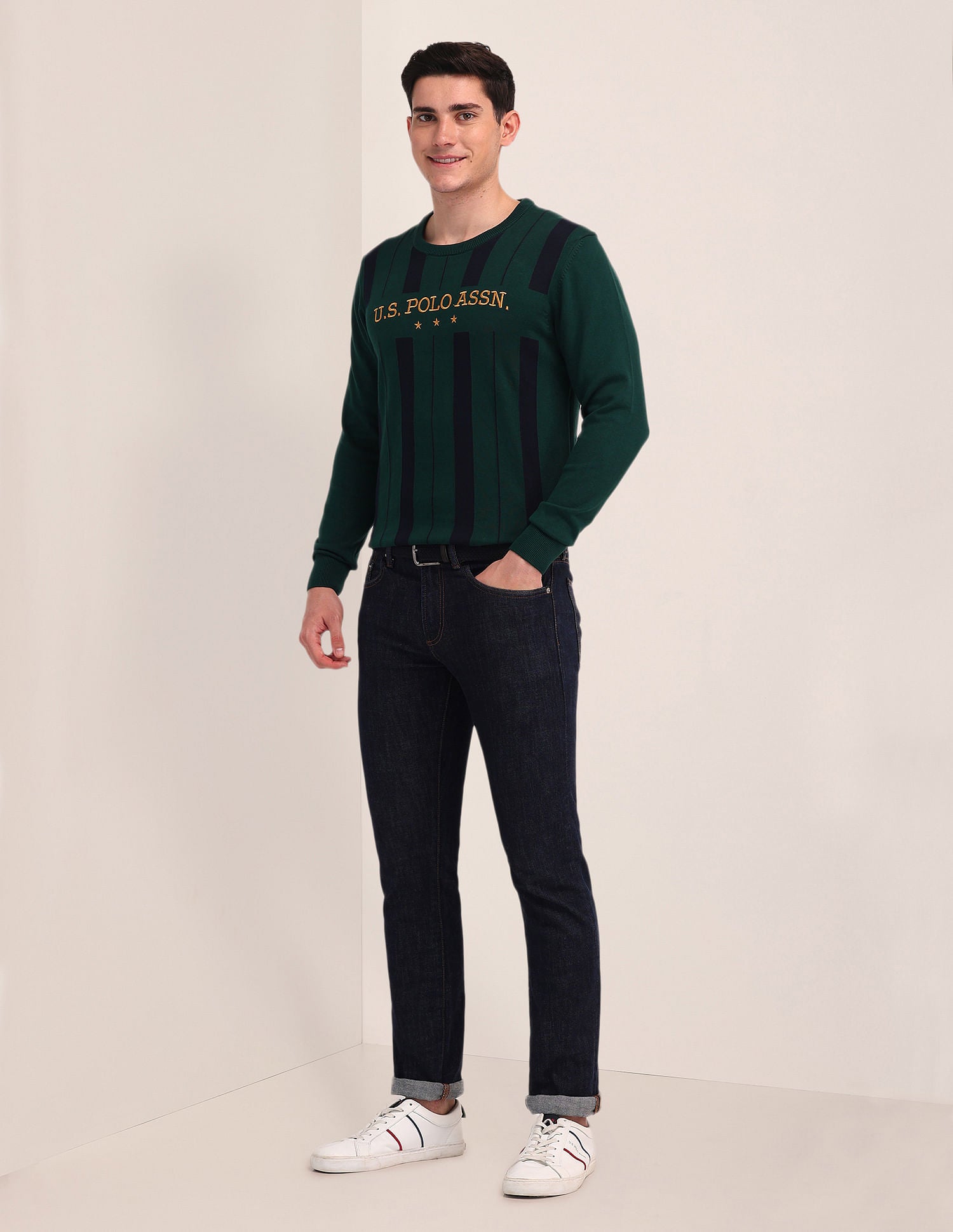 Vertical Striped Embroidered Sweater Olive - U.S. Polo Assn. India | Large