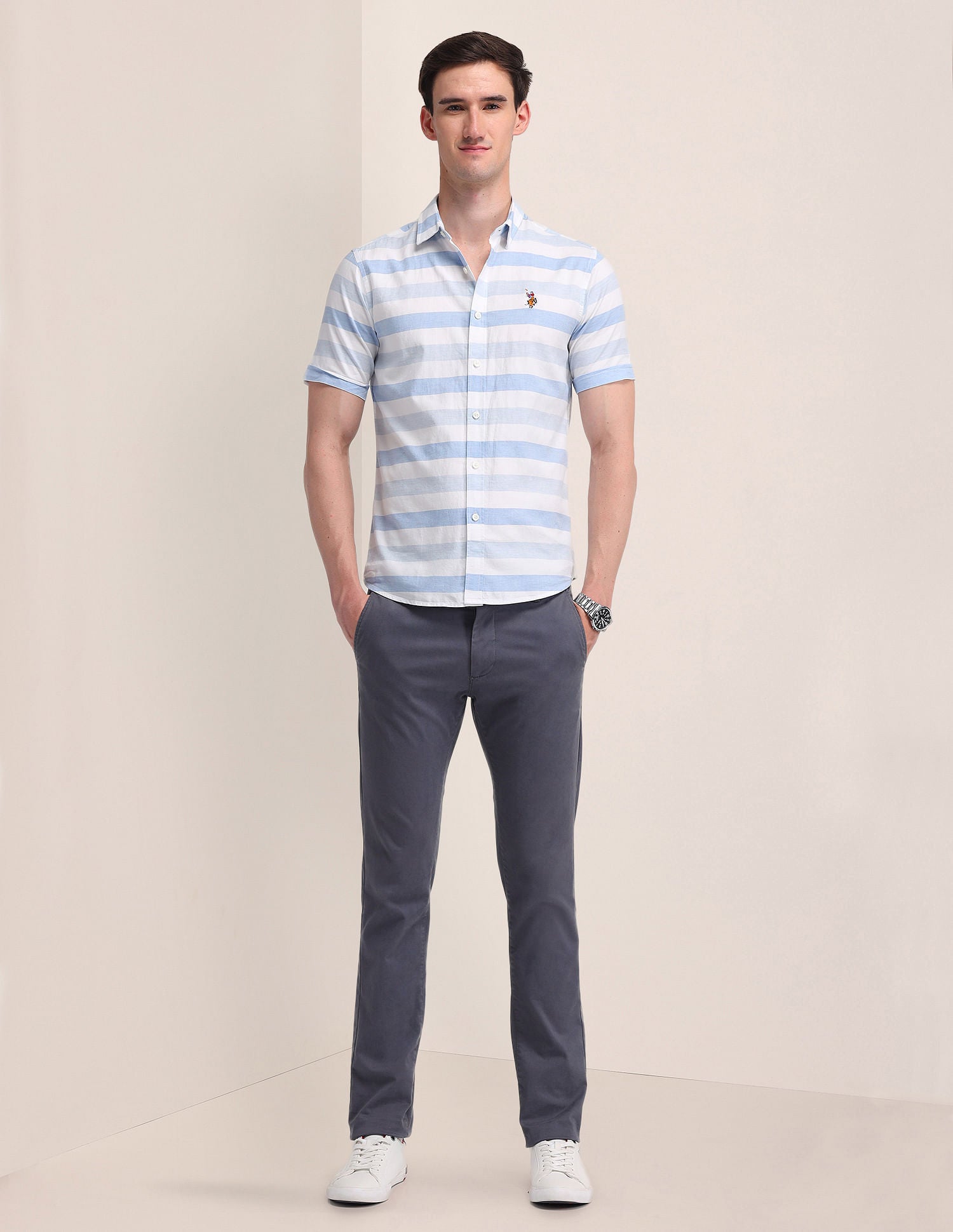Cotton Regular Fit Shirt Light Blue - U.S. Polo Assn. India | Large