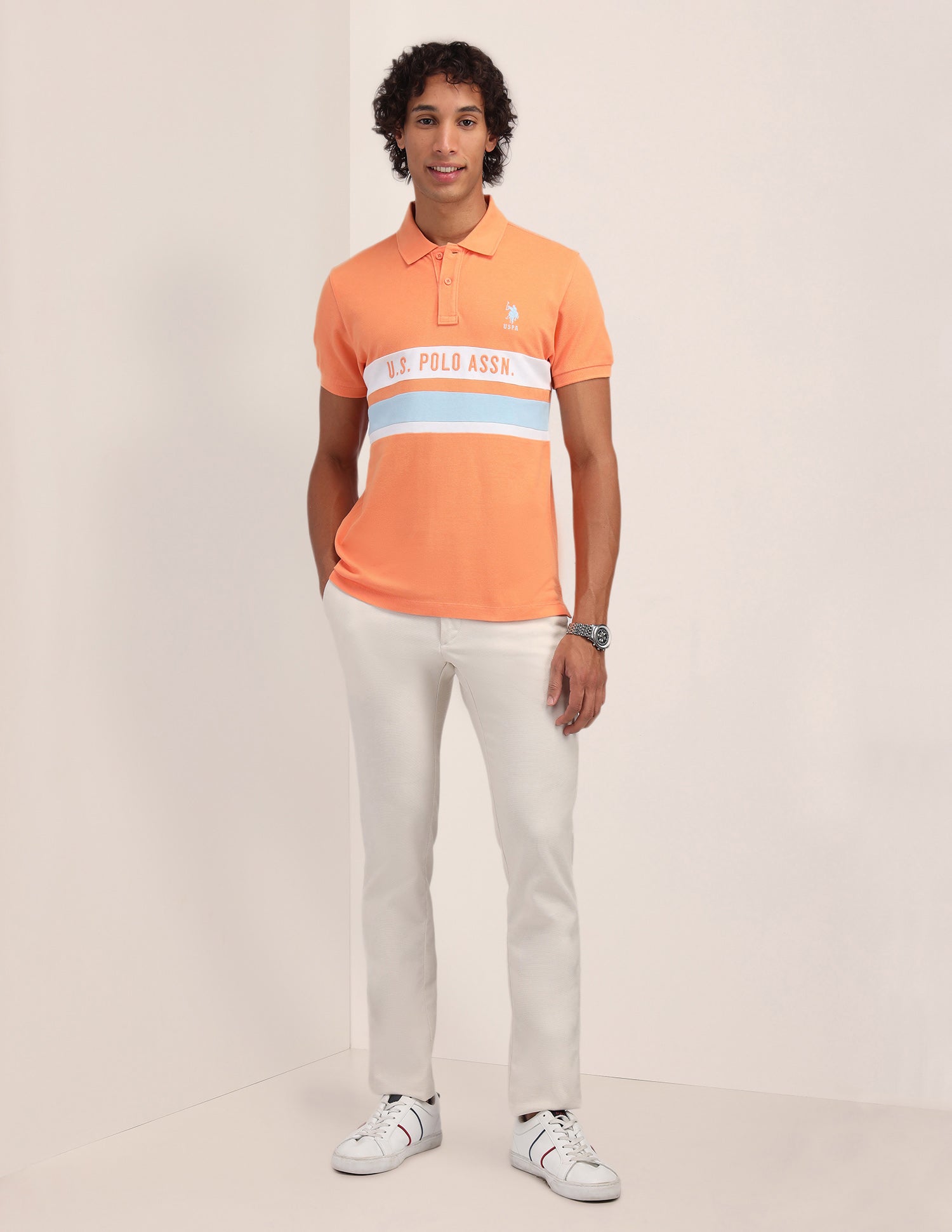 Horizontal Striped Slim Fit Polo Shirt Peach - U.S. Polo Assn. India | Large