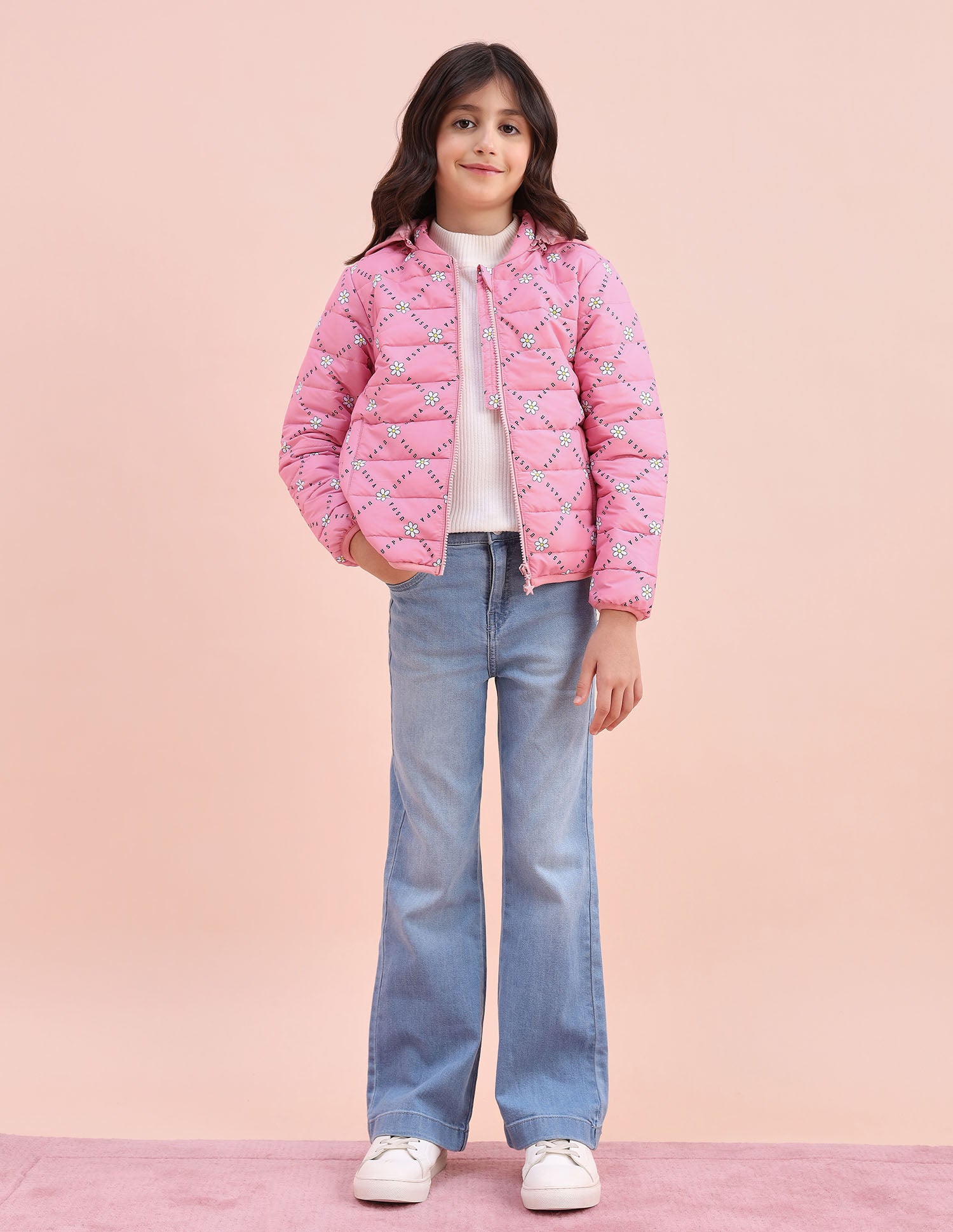 Floral Logo Printed Puffer Jacket Pink - U.S. POLO ASSN. | Large