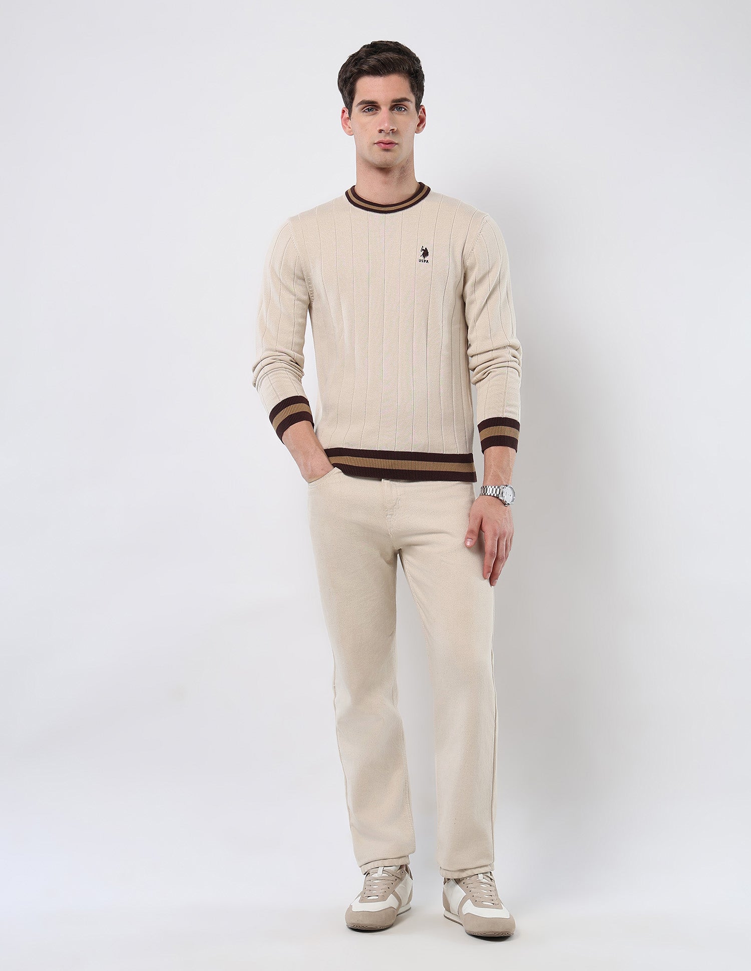 Vertical Striped Patterned Knit Sweater Beige - U.S. POLO ASSN. | Large