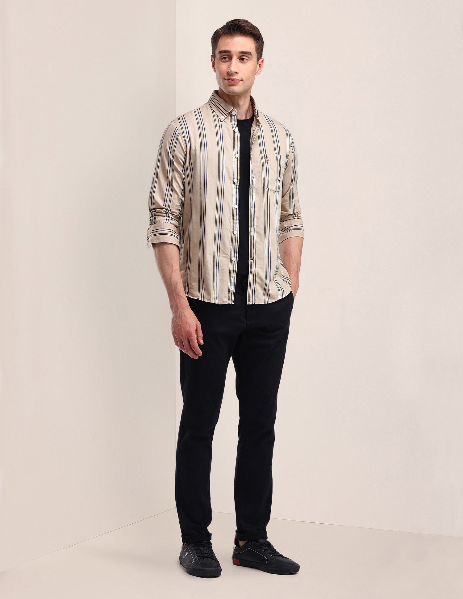 Tailored Fit Cotton Striped Shirt Beige - U.S. Polo Assn. India | Large