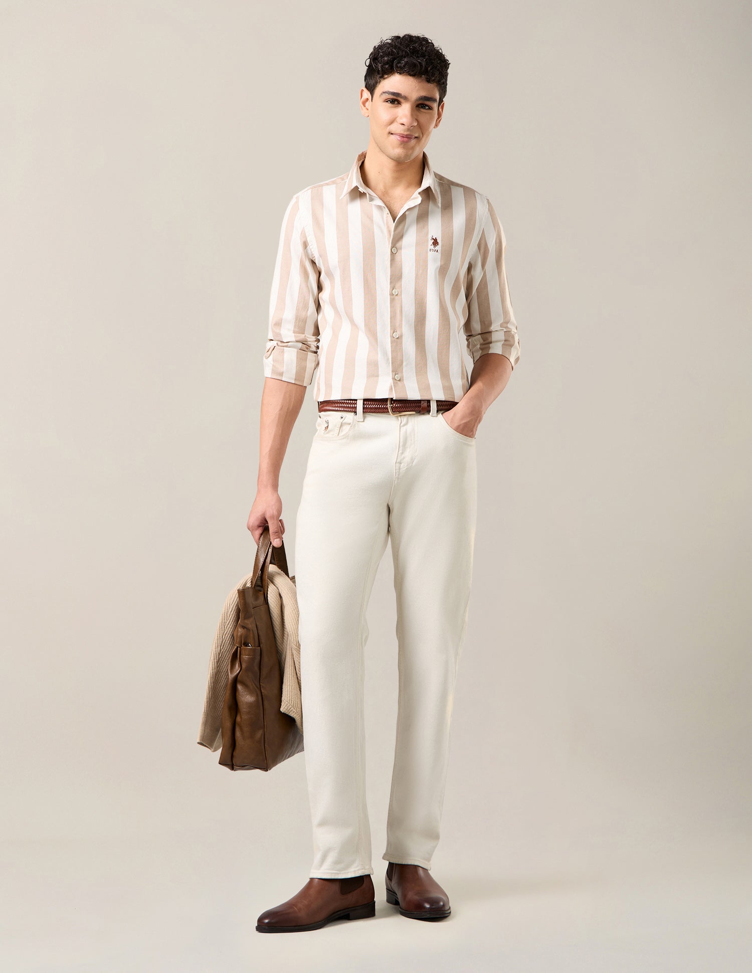 Vertical Striped Regular Fit Shirt Khaki - U.S. Polo Assn. India | Large