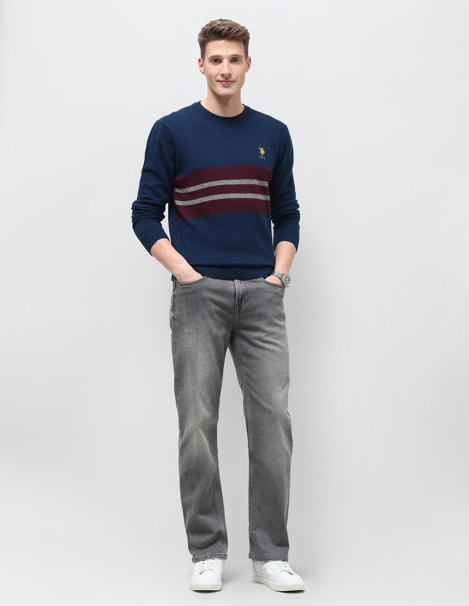 Horizontal Striped Regular Fit Sweater Dark Blue - U.S. Polo Assn. India | Large