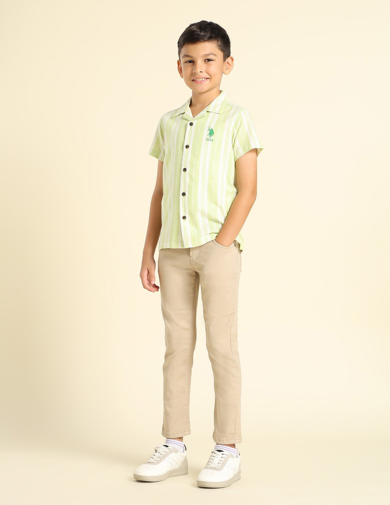 Boys Vertical Striped Cuban Shirt Green - U.S. POLO ASSN. | Large