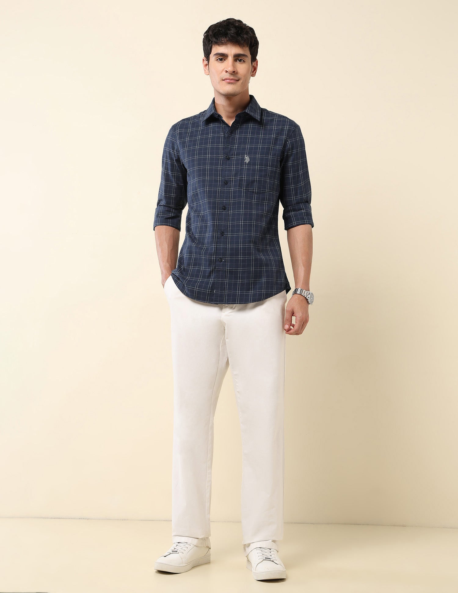 Grid Tattersall Checked Tailored Fit Shirt Navy - U.S. Polo Assn. India | Large