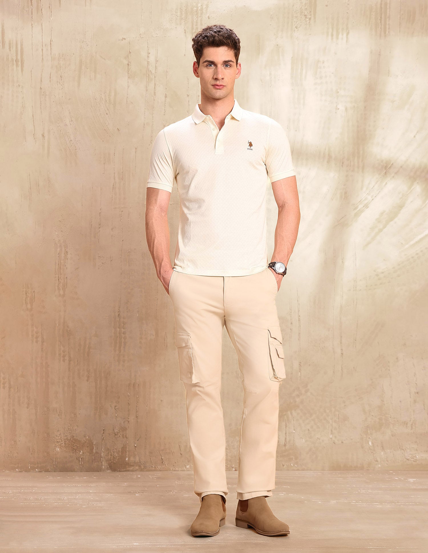 Textured Slim Fit Polo Shirt Beige - U.S. POLO ASSN. | Large