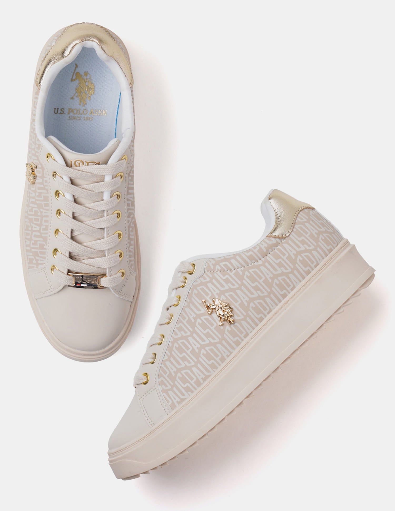 Round Toe Brand Printed Narcisa Sneakers Beige - U.S. Polo Assn. India | Large