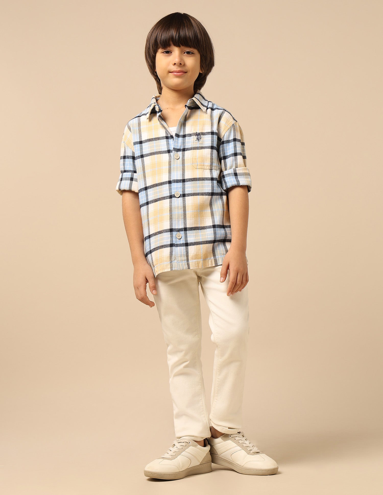 Boys Plaid Checked Twill Shirt Beige - U.S. POLO ASSN. | Large