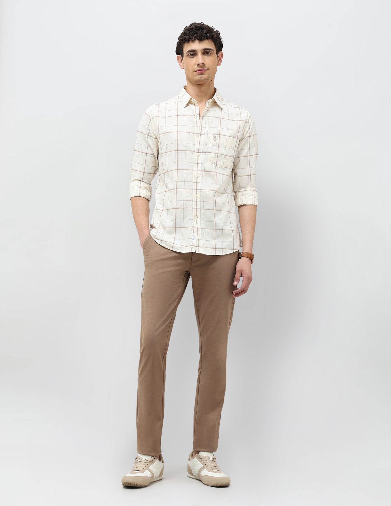 Windowpane Checked Tailored Fit Shirt Ivory - U.S. POLO ASSN. | Large