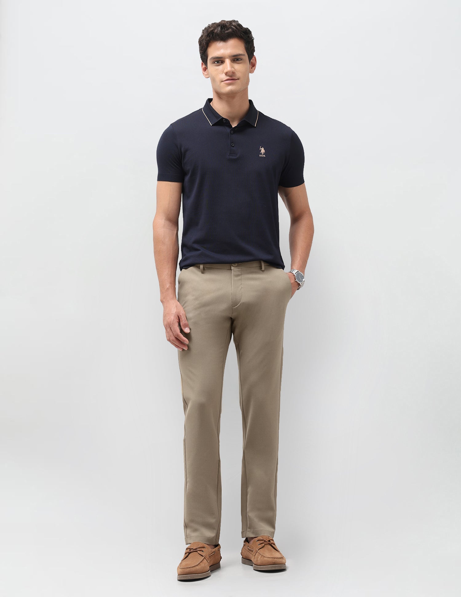 Solid Austin Slim Fit Trousers Light Khaki - U.S. Polo Assn. India | Large