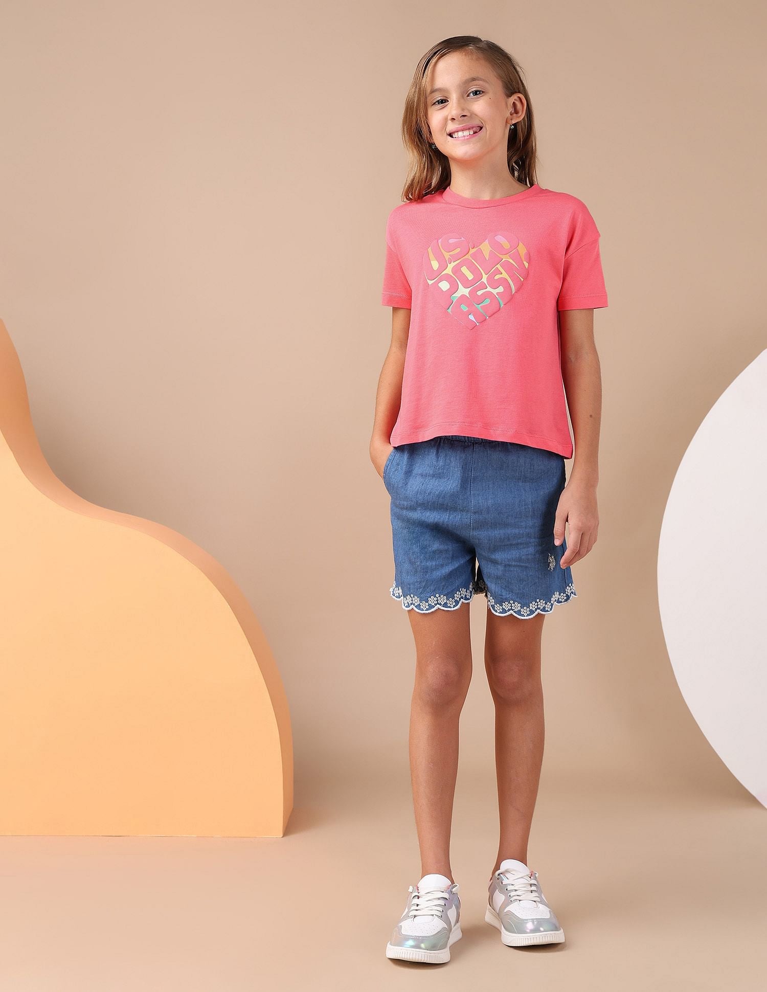 Girls Puff Print Regular Fit T-Shirt Coral - U.S. POLO ASSN. | Large