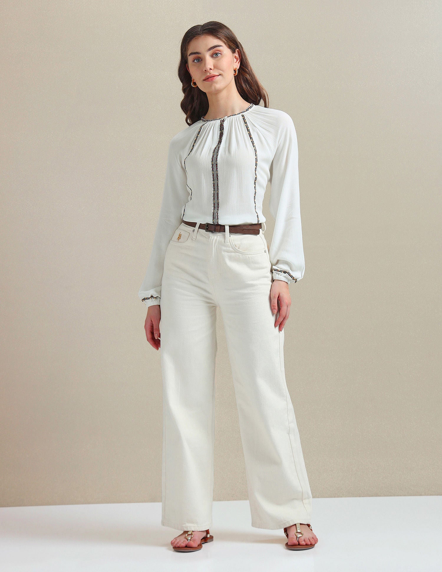 Cotton Flax Embroidered Top Off-White - U.S. POLO ASSN. | Large