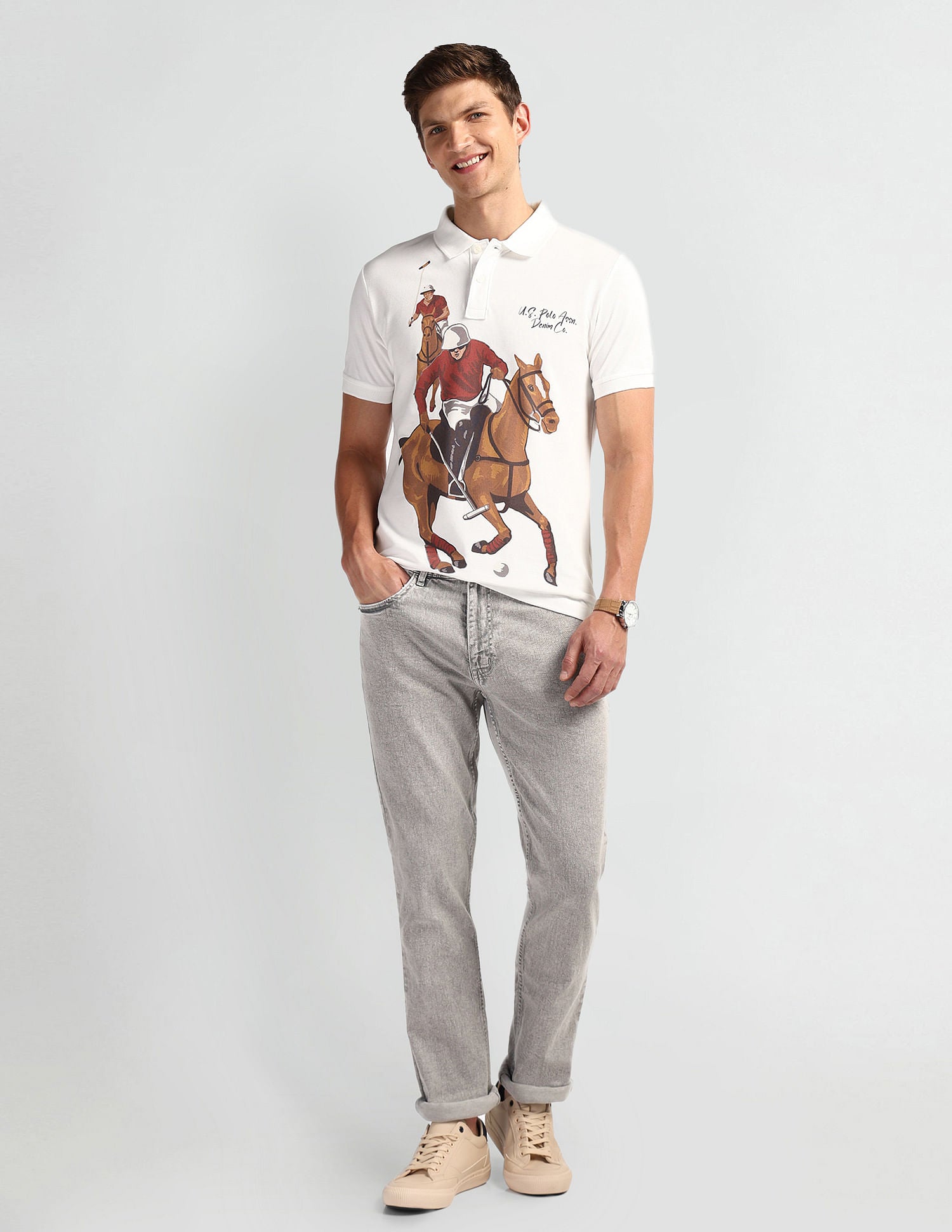 Graphic Print Muscle Fit Polo Shirt Ivory - U.S. POLO ASSN. | Large