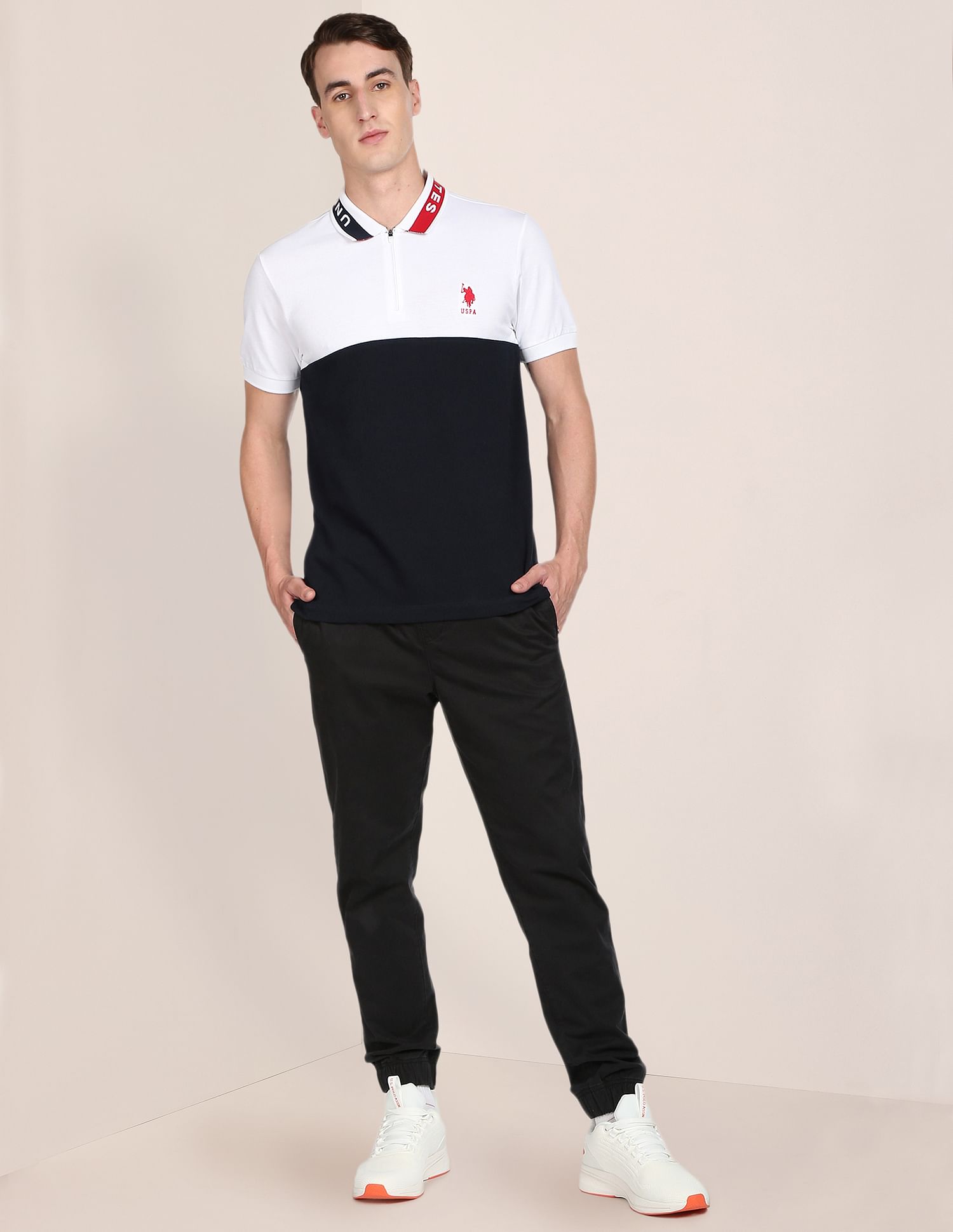 Colour Block Pure Cotton Polo Shirt Navy and White - U.S. Polo Assn. India | Large