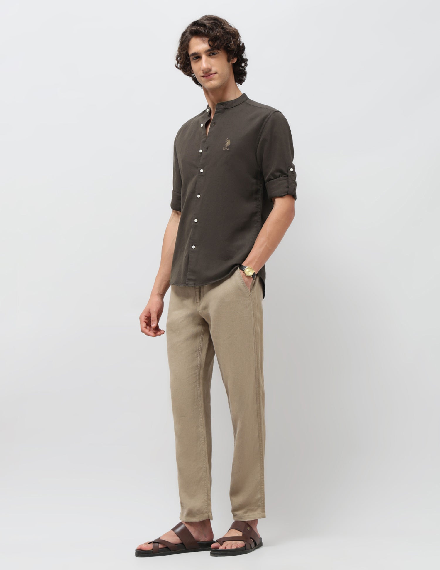 Solid Regular Fit Mandarin Shirt Choco - U.S. POLO ASSN. | Large