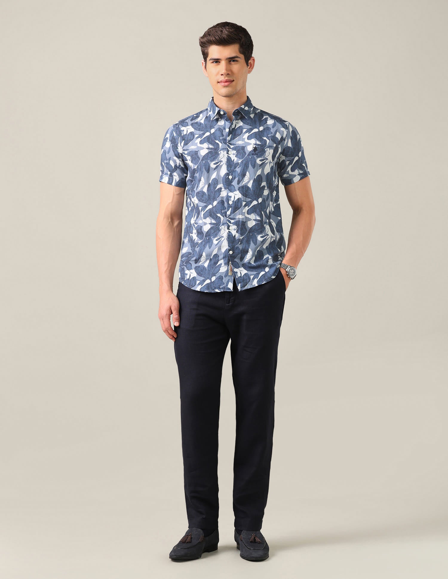 Floral Printed Regular Fit Shirt Blue - U.S. Polo Assn. India | Large