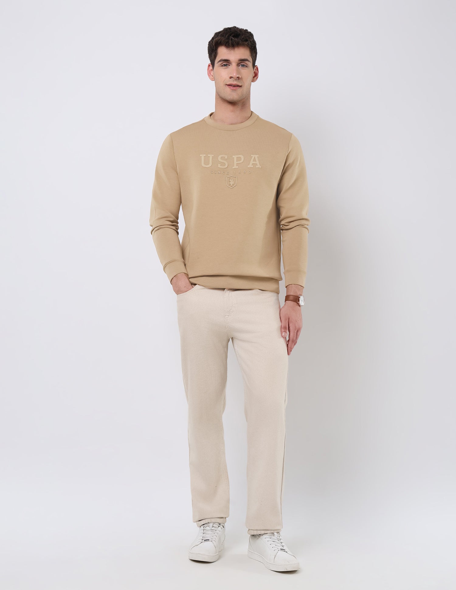 Brand Embossed Regular Fit Sweatshirt Beige - U.S. POLO ASSN. | Large