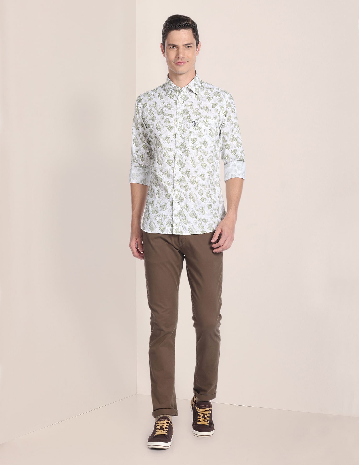 Tropical Print Cotton Shirt Olive - U.S. Polo Assn. India | Large